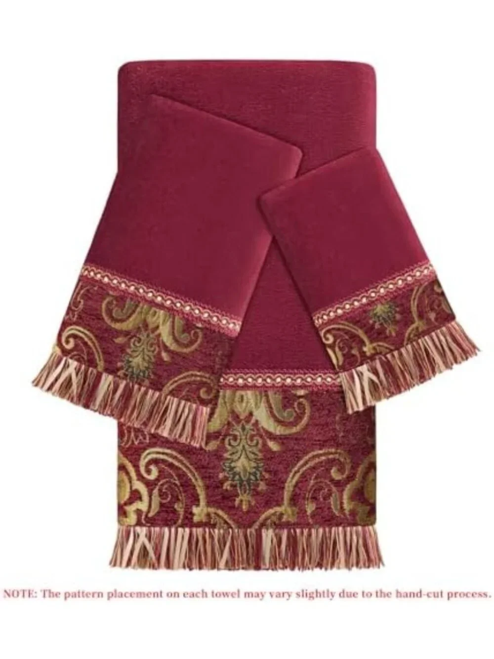 Luxury Cotton Bath Towel Set - 3 Piece Damask Design, Soft & Absorbent, Red